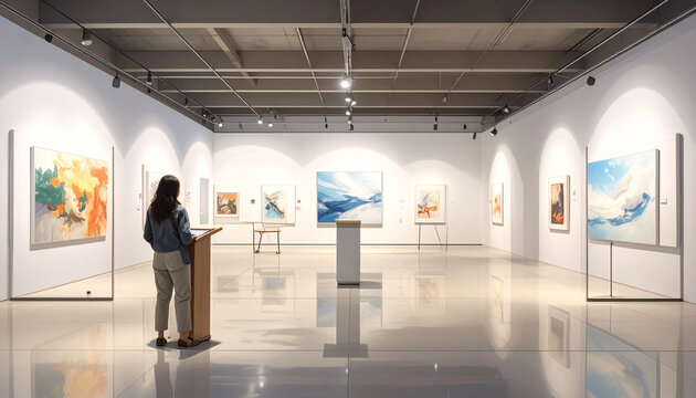 Woman appreciating art gallery exhibition