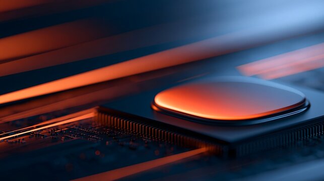 High speed data processing microchip glowing orange on motherboard representing advanced computer engineering and futuristic technology