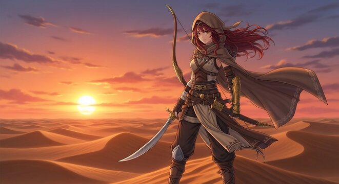 Woman archer desert sunset