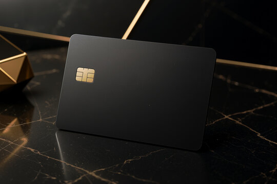 Luxury black credit card mockup design, elegant gold chip contactless payment banking plastic card template, resting on dark marble table with golden geometric decoration