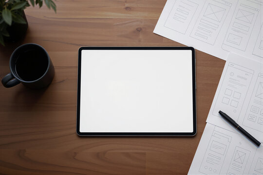 Wooden desk workspace with tablet computer and black coffee mug, design agency mockup with layout papers and pen, modern office environment for business and creative work