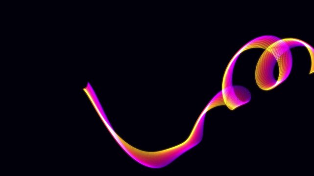 Neon abstract animation loop. Glowing purple and orange light trail motion. Luminous digital wave movement on black background. 4k vibrant visual design.