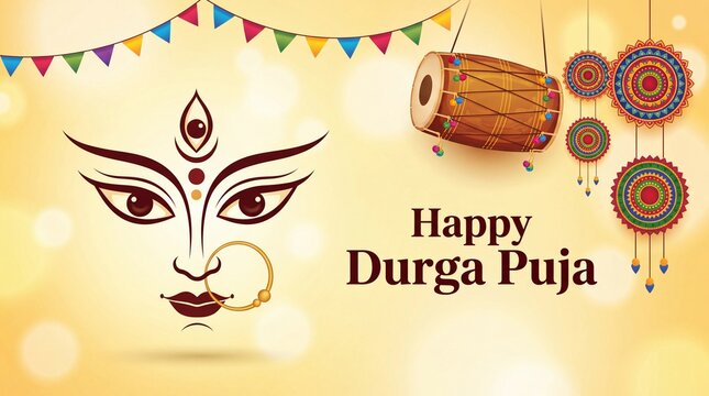 Happy Durga Puja Greeting Banner with Maa Durga Sacred Eyes, Festival Decorations and Traditional Dhol Illustration