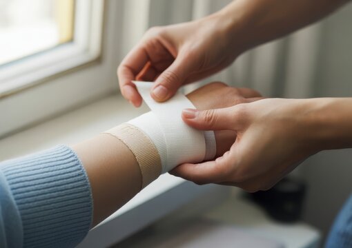 Close-up of a professional applying a medical bandage to a patient's wrist.
