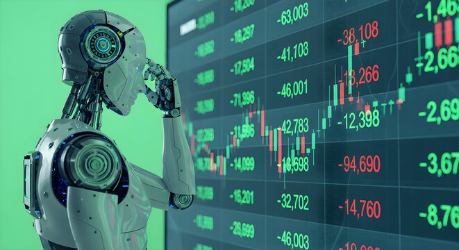 Artificial Intelligence Robot Analyzing Complex Financial Stock Market Trends and Digital Investment Data Graphs on a Large Screen