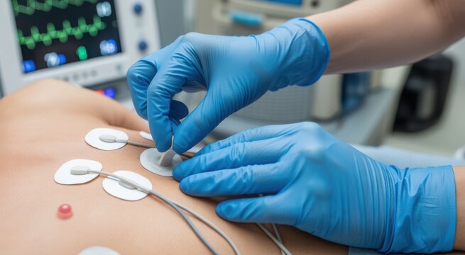 Medical professional applying ECG electrodes to patient's chest in hospital