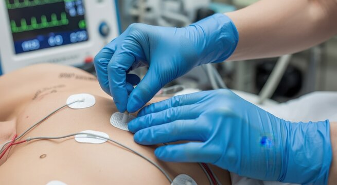 Doctor placing electrocardiogram sensors on patient in medical clinic