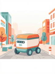 Naklejka premium A small robot moves on a paved city street delivering food orders from local restaurants. It navigates among buildings and people.