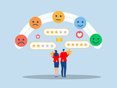Customer feedback concept,Business people Credit score or satisfaction measurement, customer satisfaction level emoji level. feedback star rating with good and bad emotions
