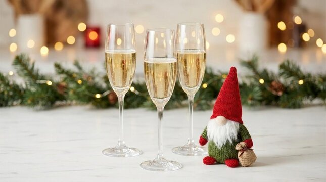 Champagne glasses and Christmas gnome on festive table.