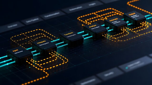Data pipeline workflow automation diagram featuring glowing nodes representing business intelligence analytics and system integration process