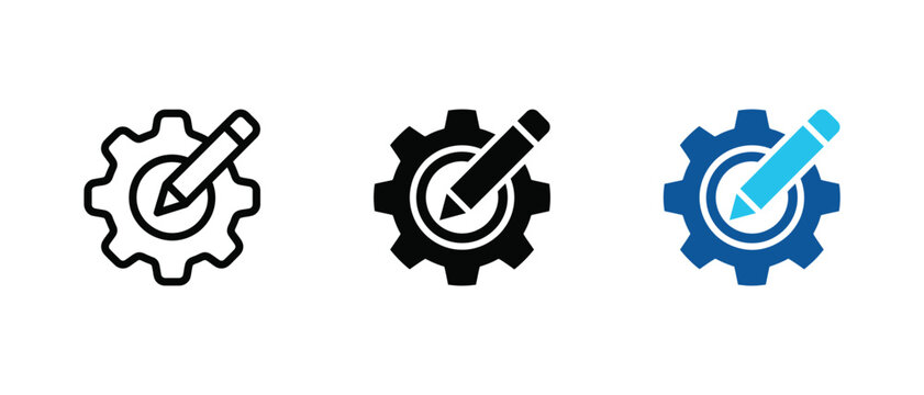 Edit settings gear icon representing configuration, customization, adjustment, control, and system management in a clean vector style.
