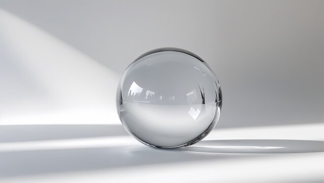 Clear Glass Sphere on White Surface with Soft Shadows and Bright Background