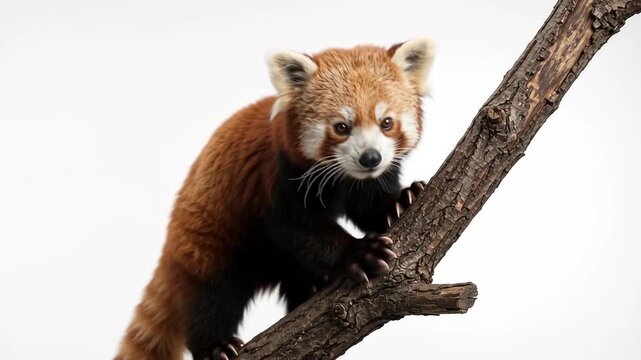 Cute red panda climbing wooden branch in bright studio setting for exotic wildlife conservation concept