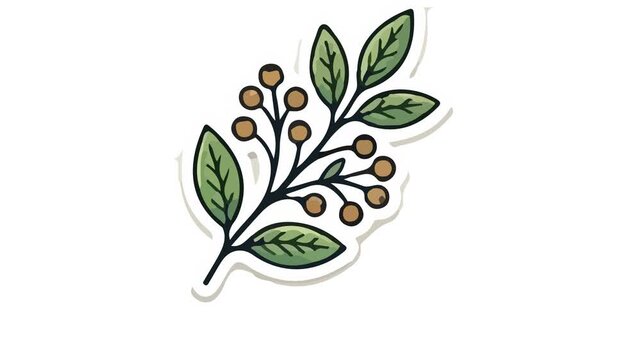 This 2D vector animation features an illustrated botanical branch with green leaves and small berries set against a plain white background.