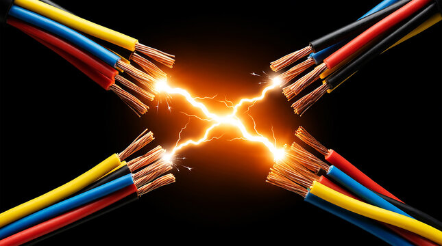 Electrical wires sparking bright arc with red and yellow glow