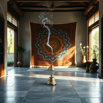 garden side yoga and meditation space with mandala