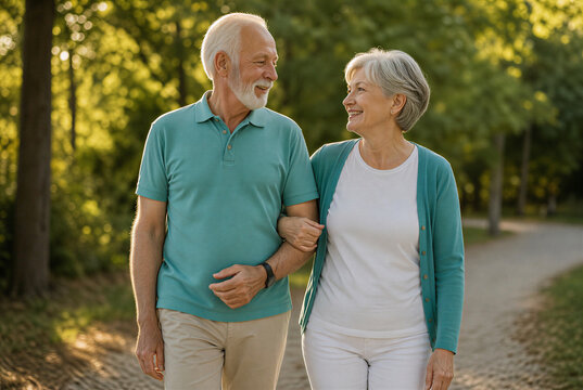 Smiling senior couple walking arm in arm in a sunny park. Active aging and successful stroke recovery concept. Healthy elderly husband and wife enjoying outdoor leisure time