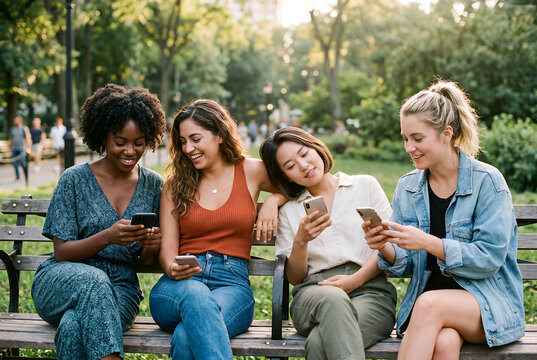 Diverse young women using smartphones together in park