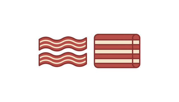 Flat vector illustration of cooked wavy bacon strips alongside a block of raw pork belly bacon, over a white background.