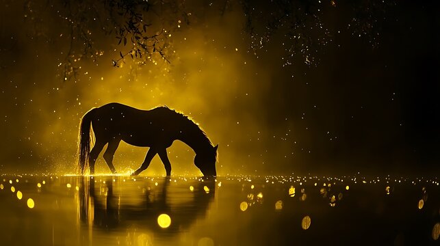Cavalo bebendo &aacute;gua &agrave; noite, luz dourada