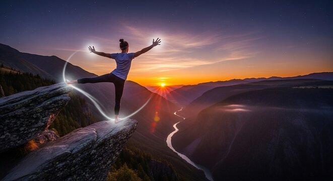 Woman balancing mountain sunset