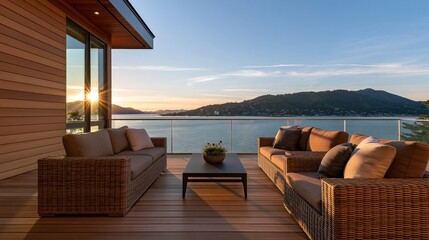Naklejka premium Modern outdoor terrace with wicker furniture overlooking calm