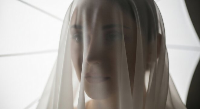 Woman behind fabric