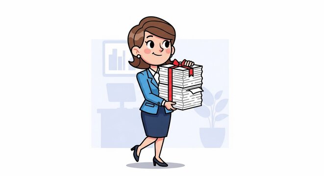 Woman carrying stack of papers