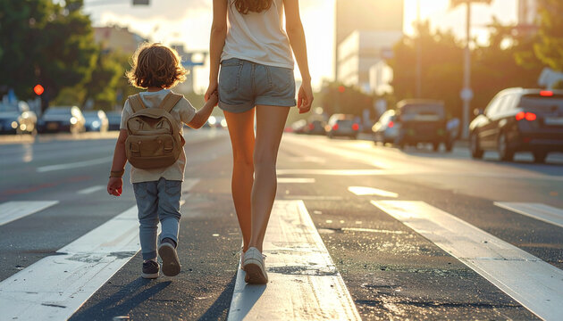 Woman child crossing street sunlight