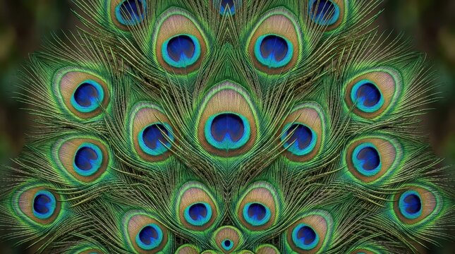 Vibrant Peacock Feather Pattern with Symmetrical Eye Spots and Intricate Textures for Background