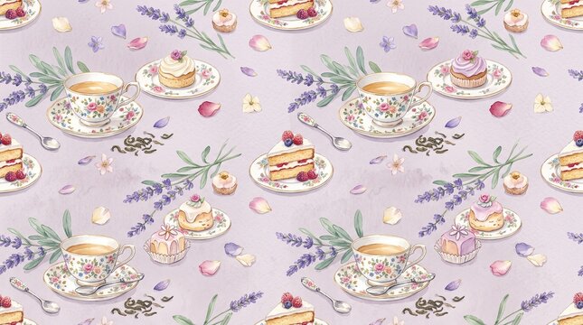 Seamless pattern with watercolor tea cups, lavender sprigs, berry cakes, and small spoons on a soft light purple background