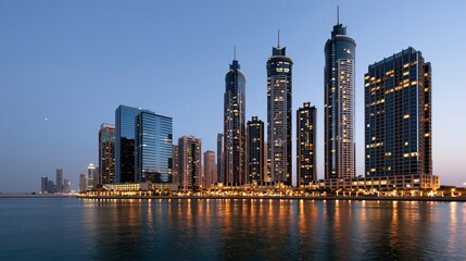 Fototapeta premium Modern skyscrapers reflecting in calm water at twilight
