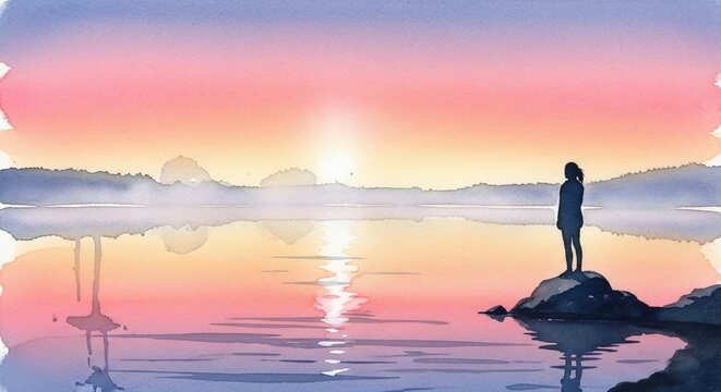 Woman contemplating sunset landscape