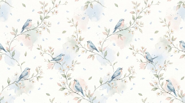 Seamless pattern with watercolor blue birds and cherry blossom branches, delicate spring floral illustration isolated on white background