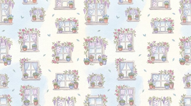 Seamless pattern with watercolor windows decorated with climbing roses and potted flowers on a soft blue background