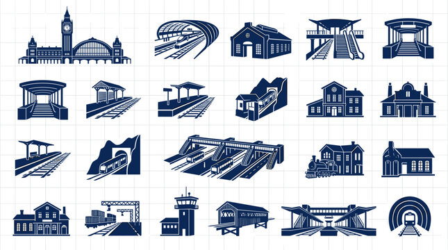 Collection of railway station and train terminal building icons, architectural structures and transport infrastructure