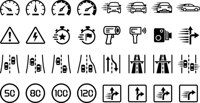 Set of speed and traffic icons, including speedometers, road signs, and vehicle movement symbols