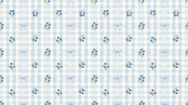 Seamless pattern with cute blueberries, blue ribbons, and small hearts on a light blue checkered background