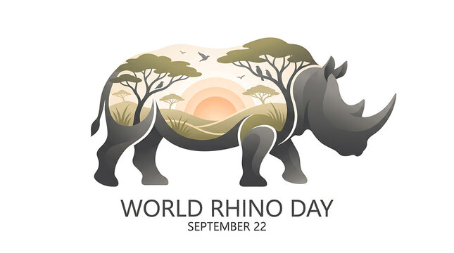 World Rhino Day September 22 Illustration with Savanna Landscape, Transparent Background, Isolated on White