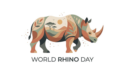 Fototapeta premium World Rhino Day artistic rhinoceros illustration with savanna landscape on transparent background isolated on white