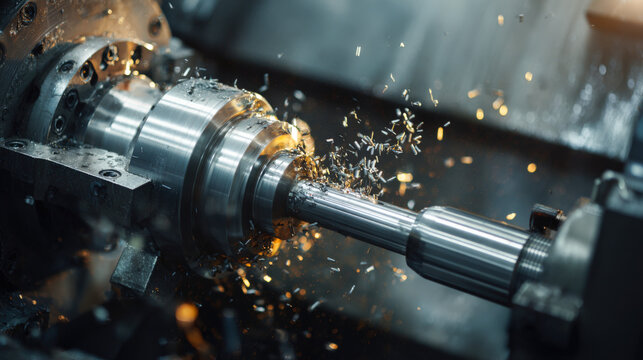 CNC lathe machines steel shaft with flying metal chips in factory setting
