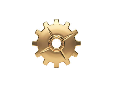 Single shiny metallic gold gear wheel with twelve teeth and central circular hole for mechanical engineering isolated on a transparent background