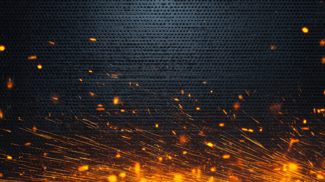 Industrial scene with dark metal and bright orange sparks from welding work detail