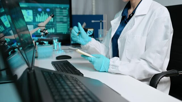 Female scientist examining a test tube and taking notes in a futuristic laboratory. She analyzes medical or biotech samples alongside high tech digital