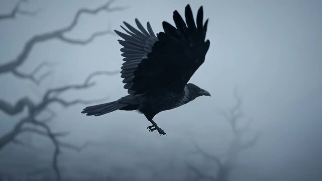 Black raven flying through a creepy foggy forest in slow motion