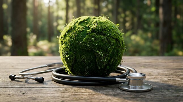 Stethoscope resting on a mossy globe on wooden surface