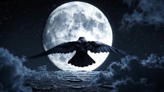 Spooky black raven flying against a large bright full moon at night
