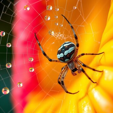 macra closeup spider web with morning dew drops