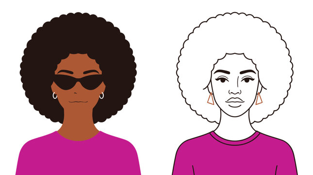 Afro hairstyle woman portrait vector illustration showing colored character design alongside a clean line art version